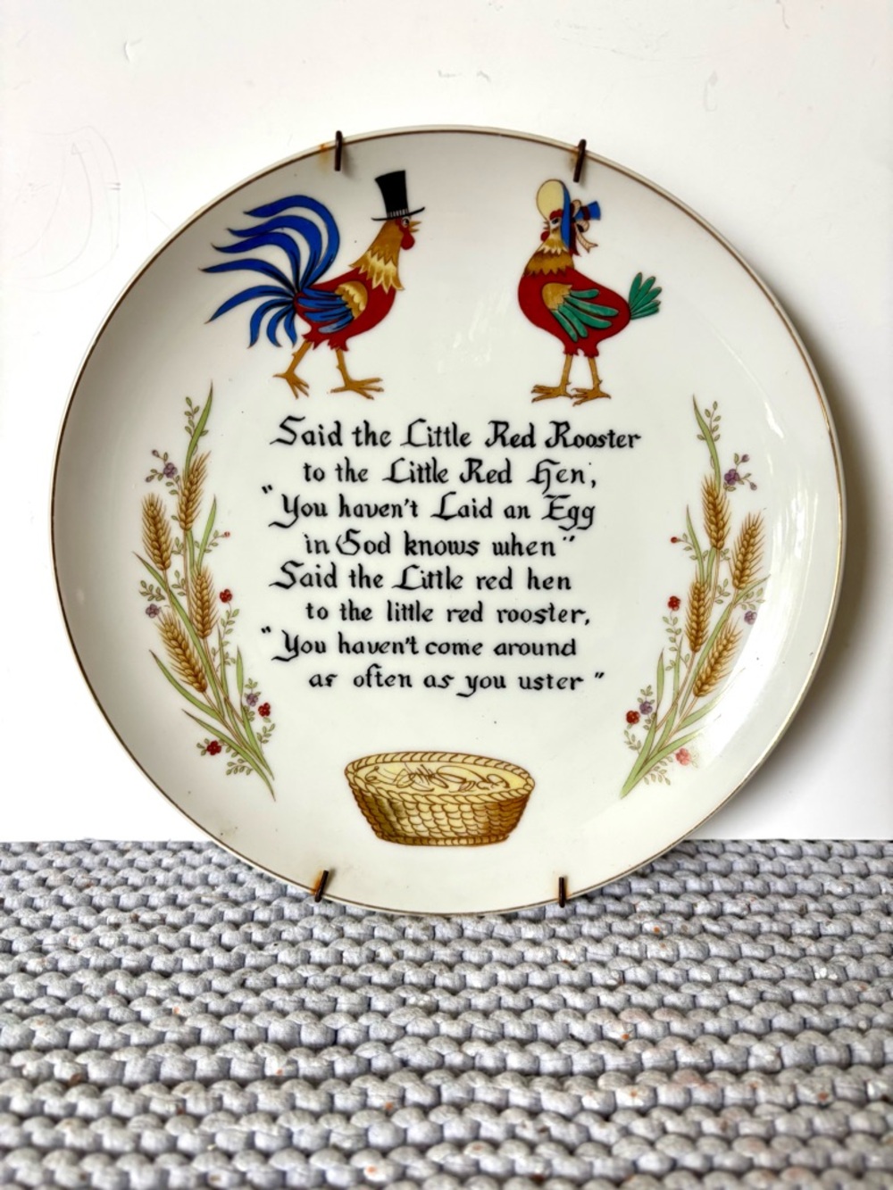 Vintage White Plate with Red Rooster and Hen Folk Art